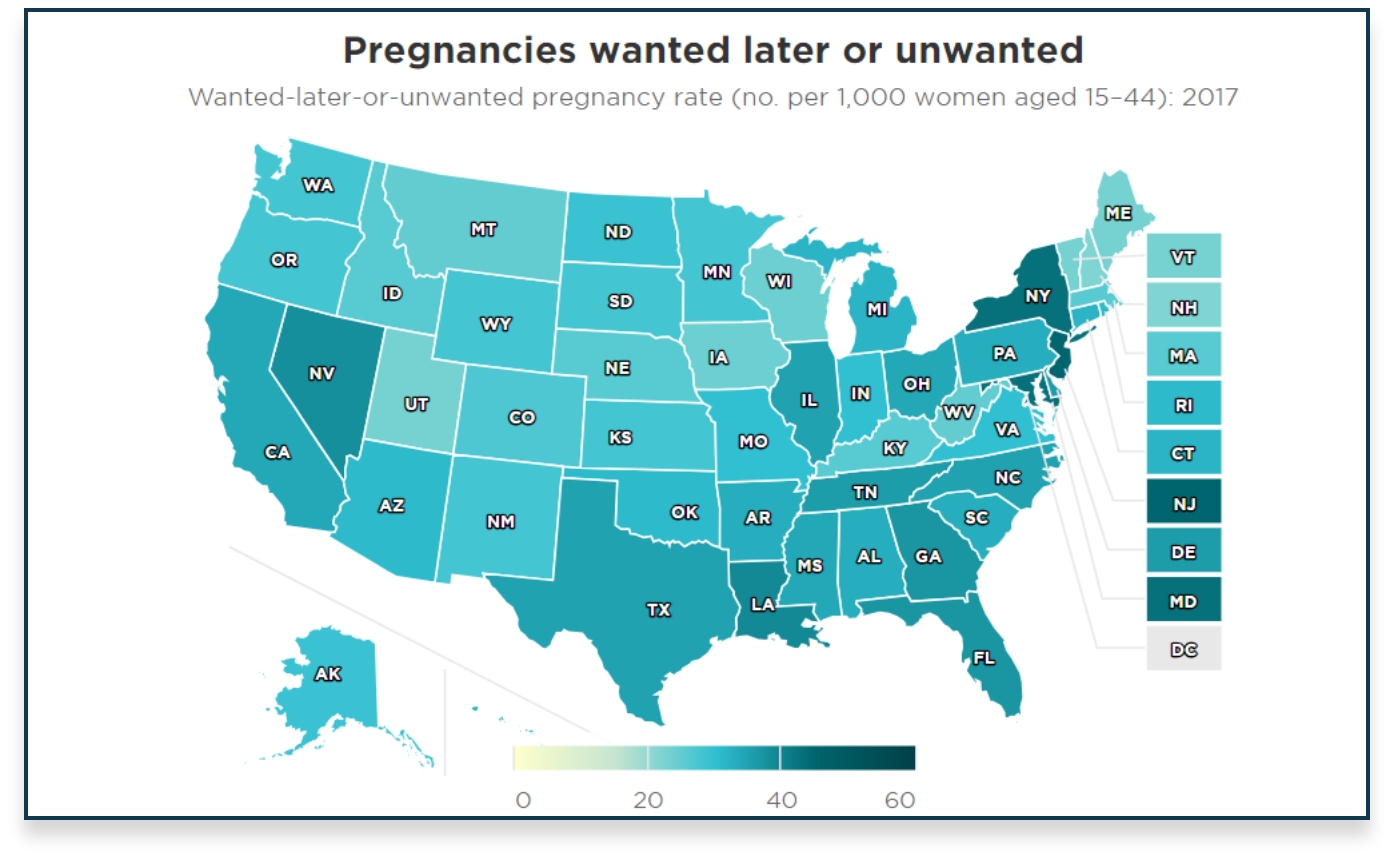 A 2017 map of the United States highlighting rate of pregnancies wanted later or unwanted per 1,000 women aged 15-44